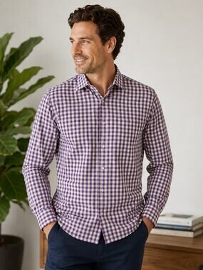 Peter Millar SZ M 100% Soft Cotton Plaid Button Down Shirt Purple Brown Orange